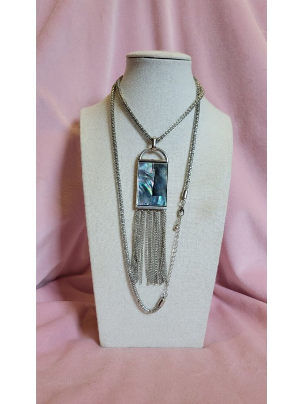 Silver tone blue abalone shell long chain dangle rectangle pendant necklace N1A